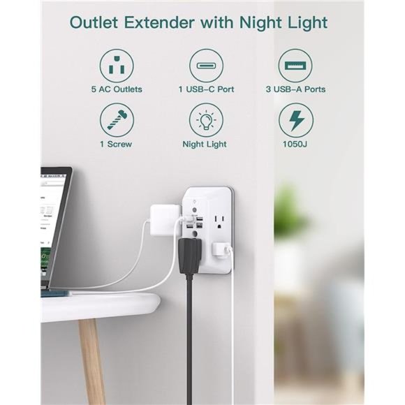 Surge Protector, Multi Plug Outlet Extender with Night Light for Home, Office - Picture 2 of 7